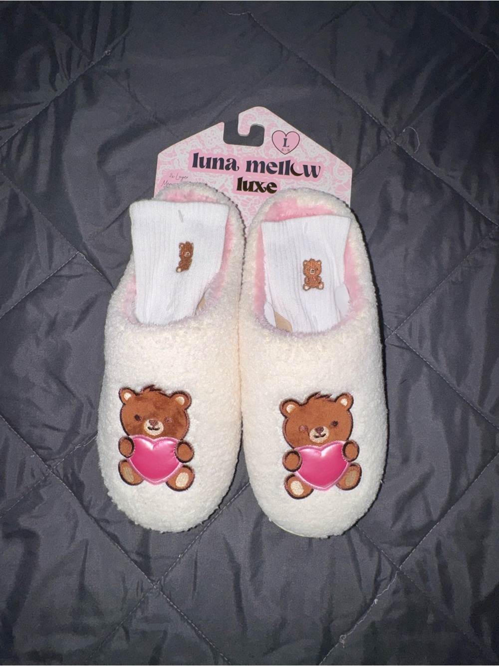 Luna Mellow Luxe Cream Teddy Heart Kids Slippers with Pink Accent